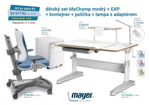 Dětský set Mayer – MEGA rostoucí židle MYCHAMP a rostoucí stůl EXPERT, modrý + kontejner + polička + lampa + dárek